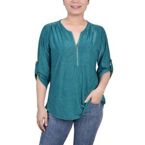 NY Collection Womens Petite Size PM 3/4 Roll Tab Sleeve Zip Knit Top V509AFA